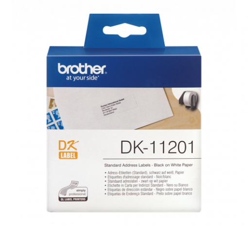 These Genuine Brother DK-11201 Black on White labels come in handy for a wide range of your general labelling needs. For use in both the home and office environment, these pre-cut standard address labels can be used to display logos, barcodes, visitor badges or shipping information. The Brother DK-11201 labels come in handy for all your general labelling needs. With 400 per roll, the 29mm x 90mm standard size labels are commonly used for mailing and administrative purposes, making them perfect for use in both the home and office environment. You can expect professional results with these pre-cut standard address labels, which can be used to display logos, barcodes, visitor badges or shipping information. Manufactured to a high specification the DK-11201 refill is compatible with a wide range of the Brother QL printers. By choosing the Brother DK-11201 Black on White Label Roll, you’ll ensure that your machine continues to work at its best, providing you with results that are crystal clear and designed to last