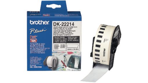 Brother DK-22214 Continuous Paper Label Roll – Black on White, 12mm wide