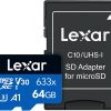 Lexar High-Performance 633x 64GB microSDXC UHS-I Card w/ SD Adapter, Up To 100MB/s Read, for Smartphones, Tablets, and Action Cameras (LSDMI64GBBNL633A)