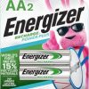 2 pack of Energizer Power Plus Rechargeable AA Batteries Energizer AA batteries offer up to a 5 year battery life for a lasting rechargeable AA battery option Energizer rechargeable batteries save money when you use the AA rechargeable battery with an Energizer Battery Charger AA batteries made with 15% recycled materials and chargeable batteries are designed to prevent leaks Use AA rechargeable batteries as batteries for cameras, game systems and other devices for convenient use with less waste Double A batteries can be charged hundreds of times or a lasting pack of AA batteries