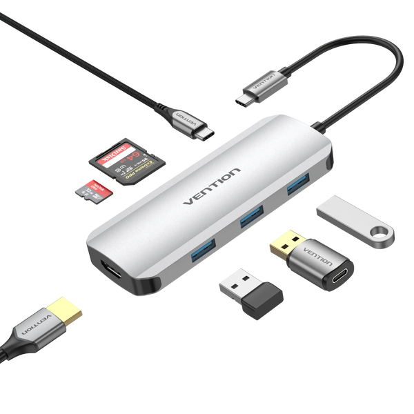 Vention USB-C MULTI-FUNCTIONAL 7 in 1 DOCKING STATION Type C to HDMI/USB 3.0×3/SD/TF/PD Docking Station Gray 0.15M Aluminum Alloy Type