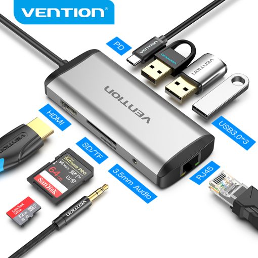 Vention USB C Multi-function 9 in 1 Docking Station Type-C to HDMI/USB3.0*3/TF/SD/RJ45/3.5mm/PD Docking Station 0.15m Gray Metal Type ( 87W)
