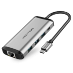 Vention USB C Multi-function 9 in 1 Docking Station Type-C to HDMI/USB3.0*3/TF/SD/RJ45/3.5mm/PD Docking Station 0.15m Gray Metal Type ( 87W)
