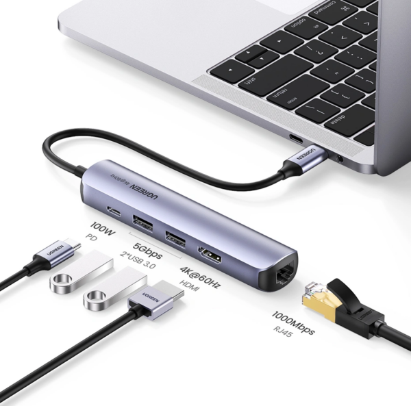 UGREEN USB-C Multifunction Adapter 5 in 1 (CM418) – USB-C to 2x USB 3.0 + HDMI + RJ45 Ethernet Adapter + PD