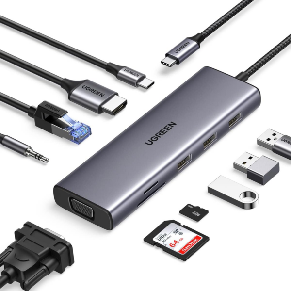 Ugreen USB-C Multifunction 10 in 1 USB HUB, USB-C To USB 3.0 (3 Ports) + HDMI + VGA + Gigabit Ethernet + SD & TF Card Reader + 3.5mm Audio Port + USB-C PD