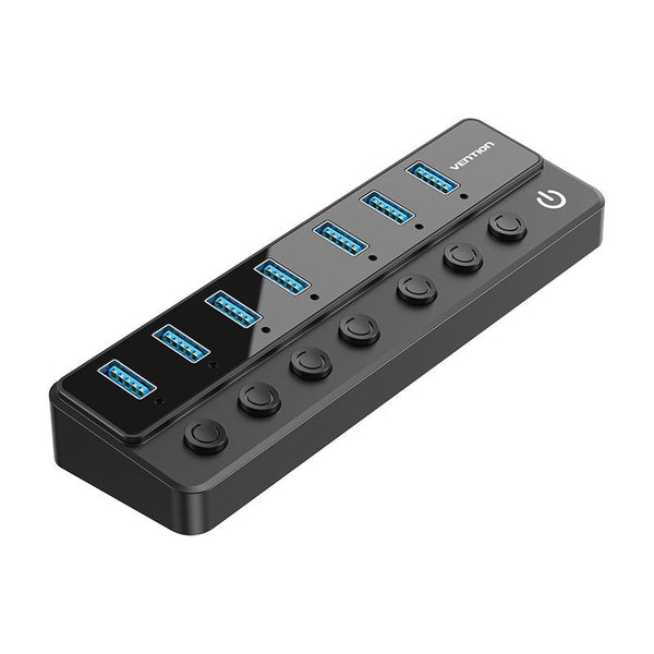 Vention USB B 3.0 to USB 3.0 x7 Hub with Individual Power Switches and DC 5.5mm Power Adapter CN/UK/US/EU-Plug Black