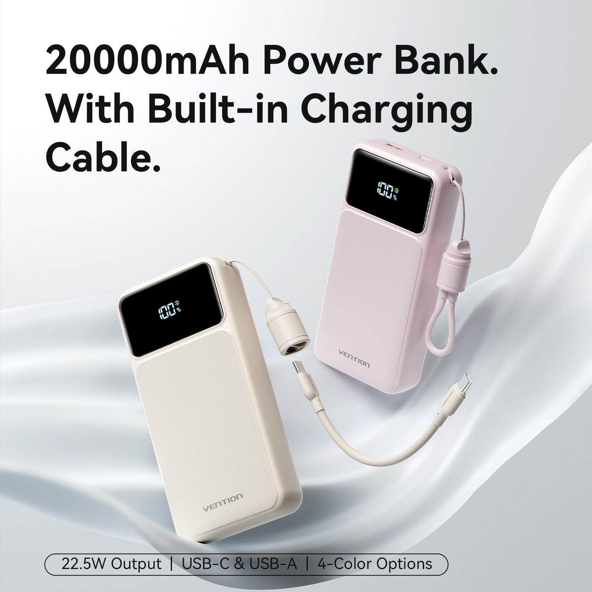 Vention 20000mAh Power Bank (USB-C + USB-C/USB-C/USB-A) with Built-in USB-C to USB-C Cable 22.5WBlack LED Display Type FKBB0-C - Image 3
