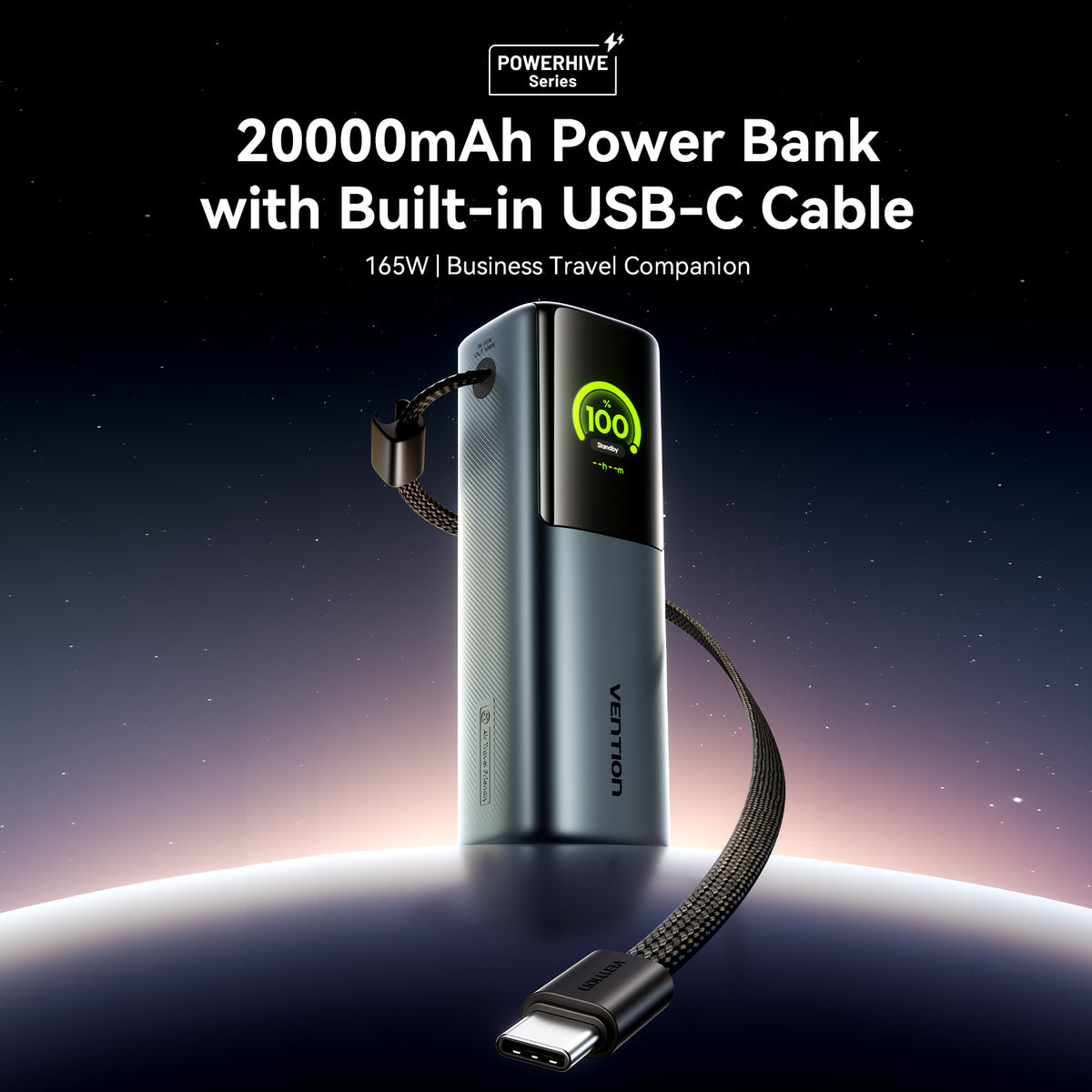 Vention 20000mAh Power Bank (USB-C + USB-C/USB-C/USB-A) 165WGray TFT Display Universal Type FKFH0-TY - Image 2