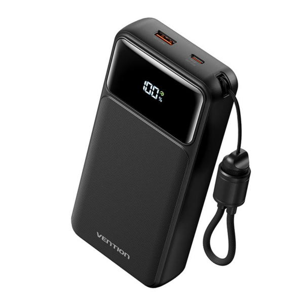 Vention 20000mAh Power Bank (USB-C + USB-C/USB-C/USB-A) with Built-in USB-C to USB-C Cable 22.5WBlack LED Display Type