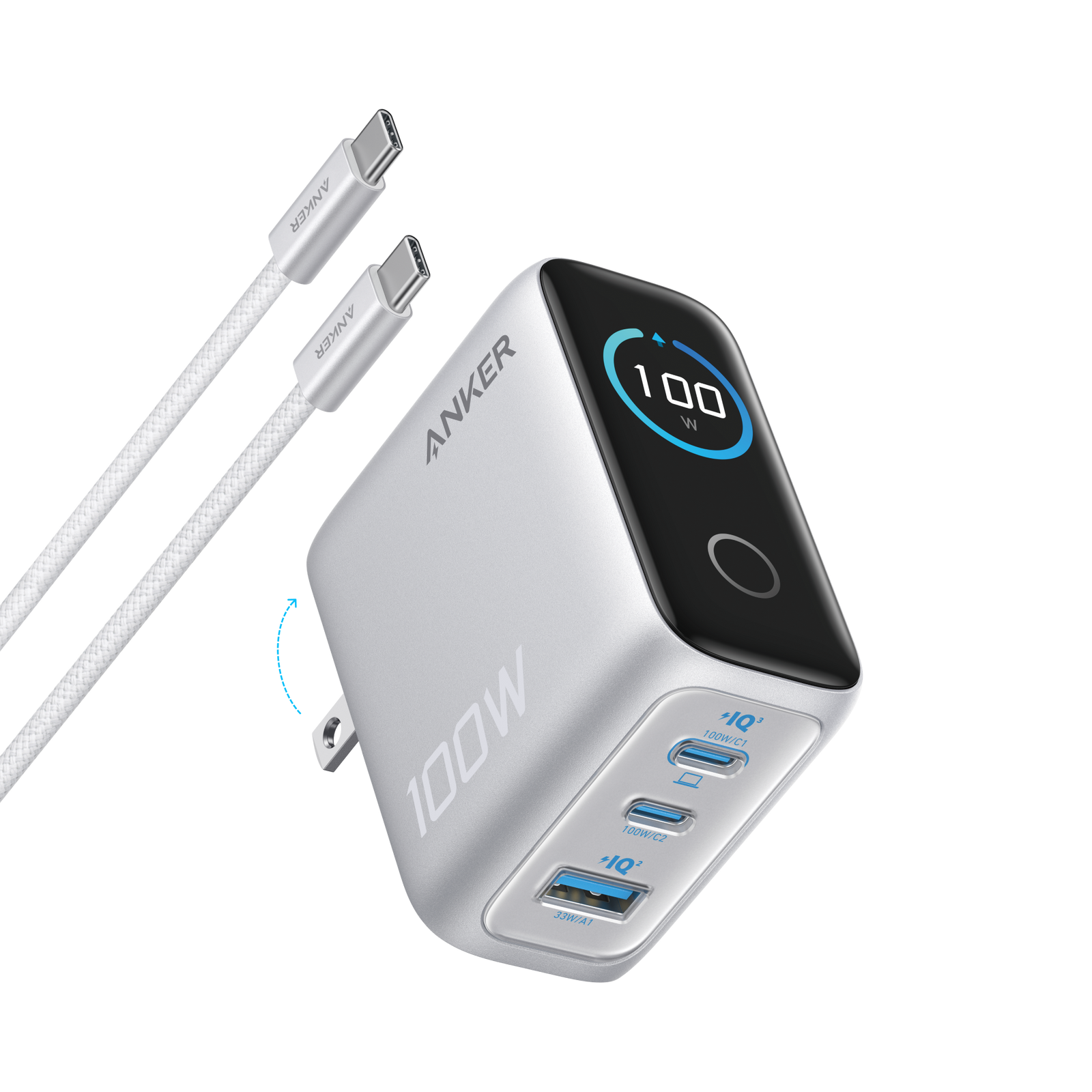 Anker Charger (100W, 3 Ports, SmartDisplay) Silver